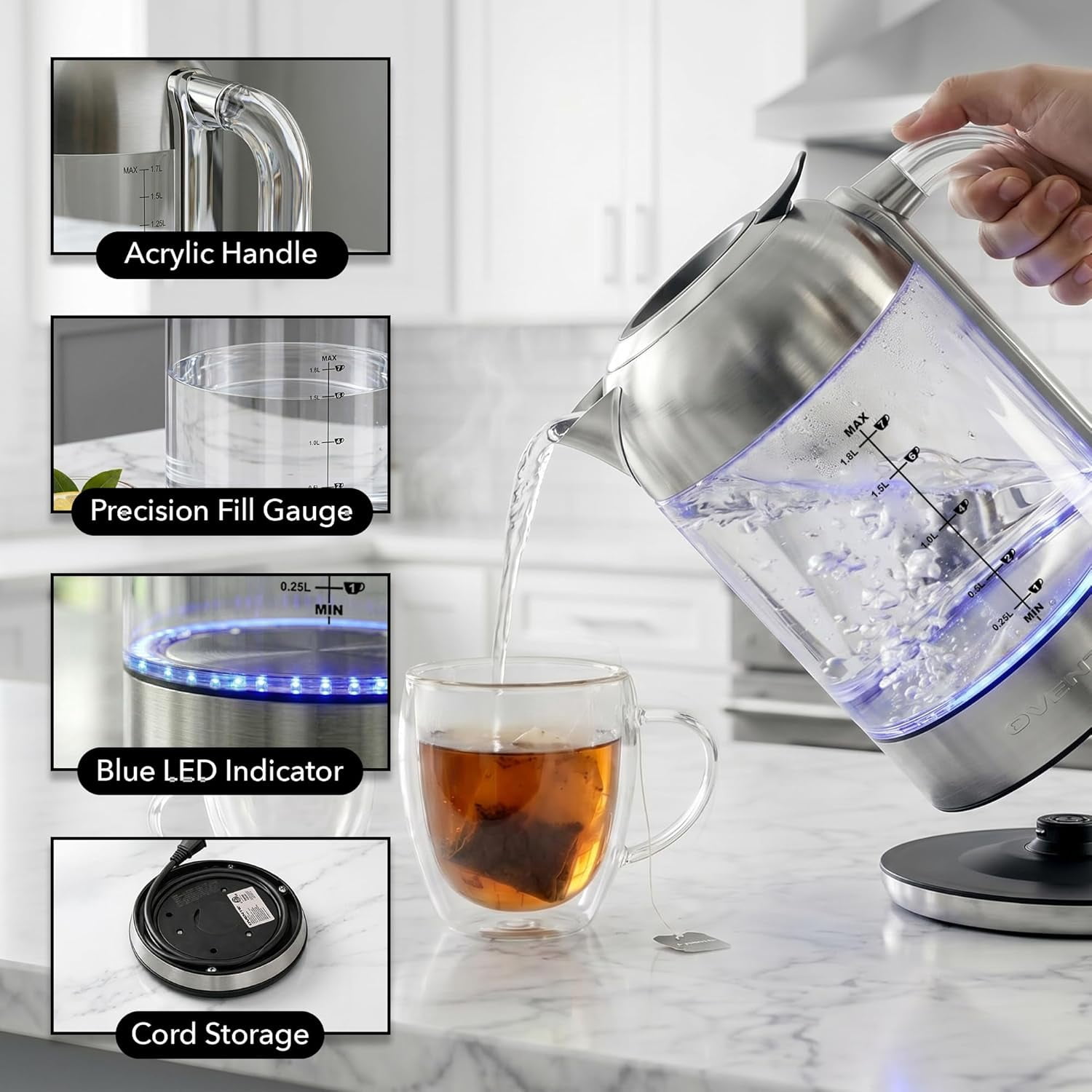 OVENTE Electric Kettle, 1.8L Glass Kettle Stainless Steel Base Water Boiler Electric with Acrylic Handle, 1500W Fast Boil Electric Kettle, Easy Fill Lid, Auto Shut-Off, Silver KG921S