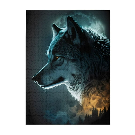 500-Piece Wooden Jigsaw Puzzle for Adults - Wolf Moon Forest Night Spirit , Interlocking Pieces with Guide Letters, Holiday Gift & Home Decor