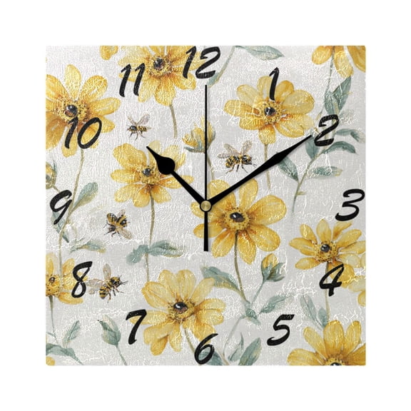 Square Wall Clock Silent Non-Ticking Battery Operated Retro 7.78" Clock for Bedroom Living Room Decor Yellow Daisies and Bees