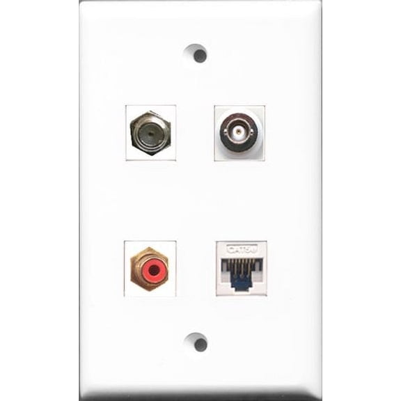 RiteAV 1 Port RCA Red and 1 Port Coax Cable TV- F-Type and 1 Port BNC and 1 Port Cat5e Ethernet White Wall Plate