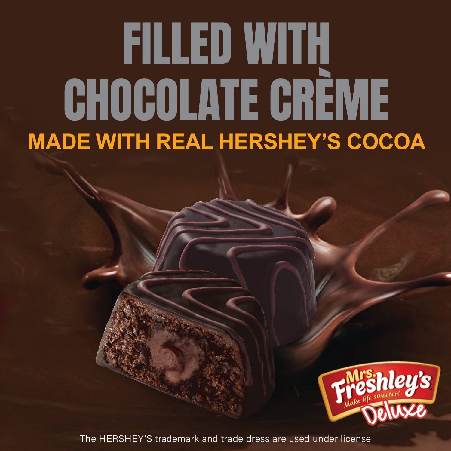 Mrs. Freshley's Deluxe Hershey's Triple Chocolate Cakes, 6 Count, 6 Individually Wrapped Snack Cakes, Shelf-Stable