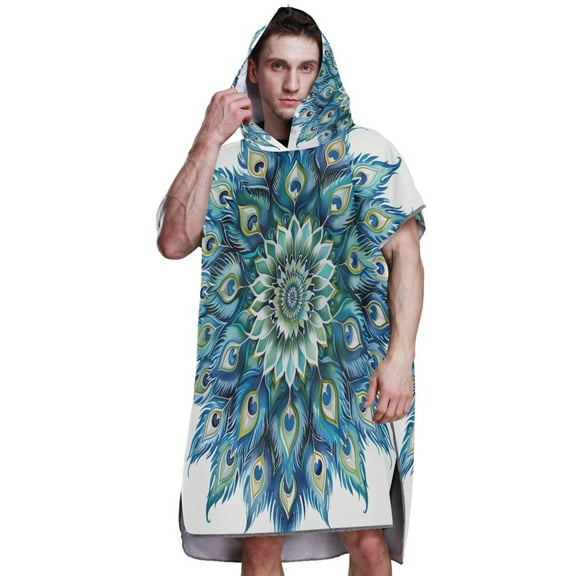 Hooded Beach Towel Adult Bath Poncho Towels Soft Absorbent Quick Dry for Surf Swim Pool Men Women Teens Peacock Feathers Mandala