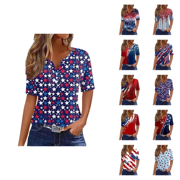 Womens 4th of July Shirt Patriotic Red White and Blue V Neck T Shirts Casual Summer Holiday Tops Fourth of July Outfit for Women