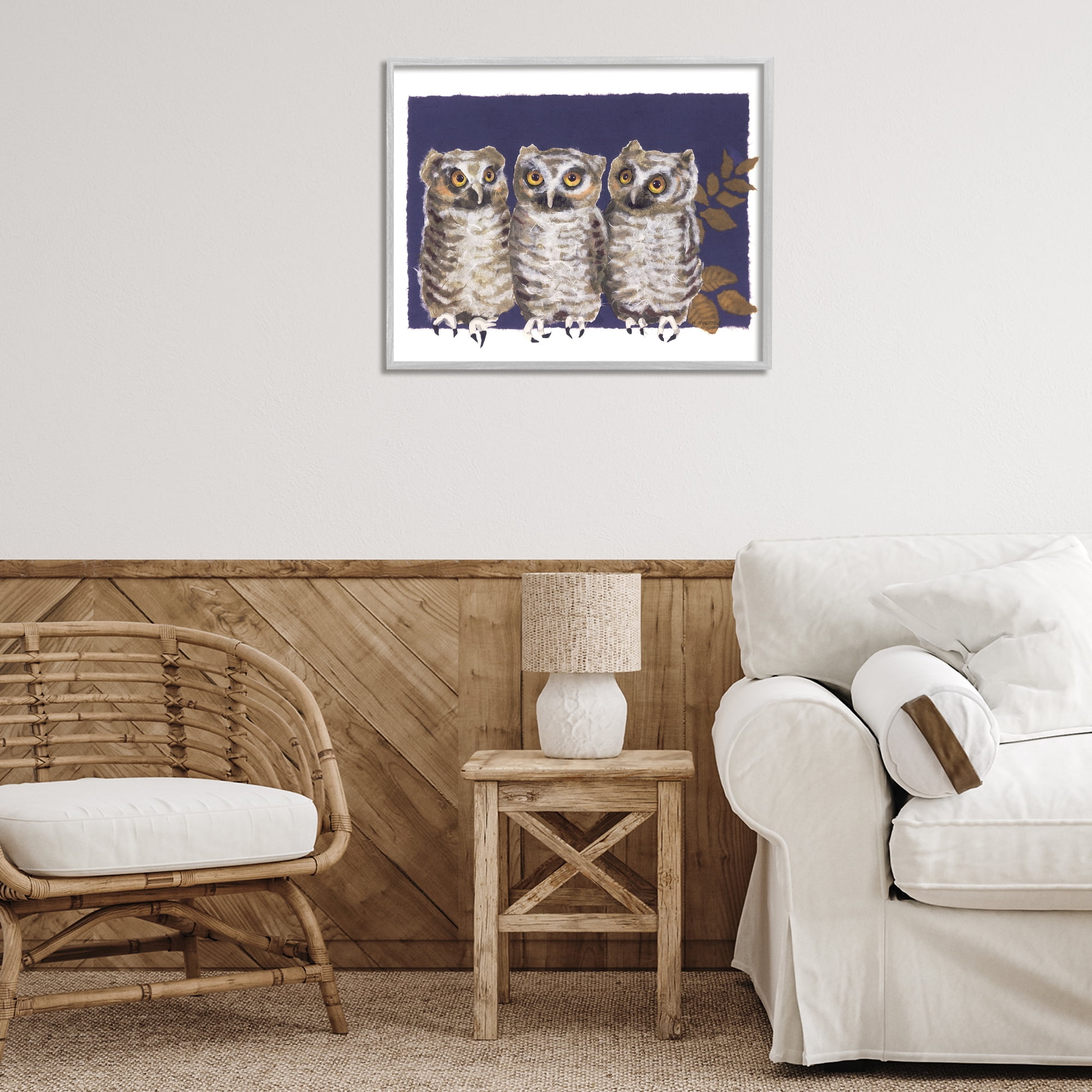 Stupell Industries Owl Trio & Leaves Animals & Insects Painting Gray Framed Art Print Wall Art, 30 x 24