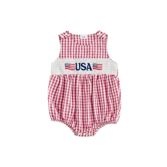 BemeyourBBs Newborn Baby Boy Girl 4th of July Outfit Independent Day Summer Smocked Bubble Romper Patriotic American Flag Embroidery Sleeveless Gingham Plaid Bodysuit Jumpsuits