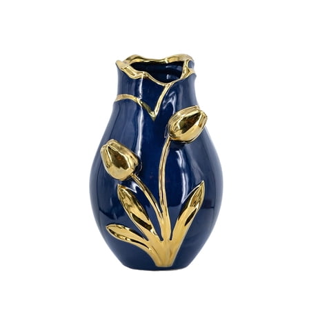 A&B Home Navy Blue Ceramic Vase with Gold Tulip Protrusion 7.5" x 7.5" x 11.2"