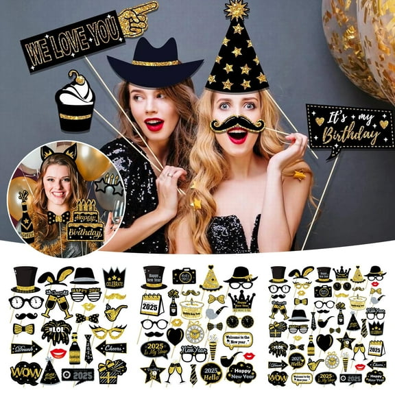Party Decorations Clearance! 1*Party Dance Photo Supplies 53 Pieces Black Golden Photo Booth Props for Birthday Wedding New Year Mix of Hats Lipstick Tie Crowns and More Funny Selfie Props