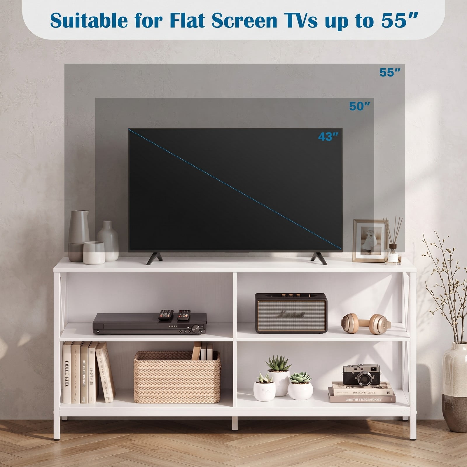 Furnibear Wooden TV Stand Entertainment Center for TVs up to 55 Inch, X-Shaped Metal Frame Media Console with Open Storage Compartments for Living Room, White & Black