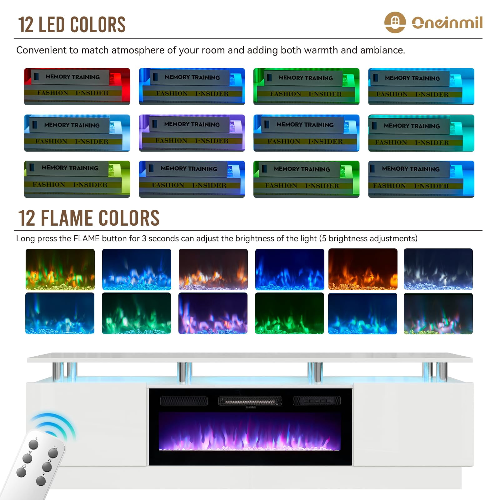 Oneinmil Fireplace TV Stand with 36” Electric Fireplace, Entertainment Center for TVs up to 90", LED Lights Entertainment Center, TV Console, White