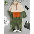 thumbnail image 3 of 2T Baby Boys Clothes 3T Boys 2PCS Fall Winter Outfits Set Toddler Boys Long Sleeve Color-blocked Hoodie Top Pants Set Green, 3 of 10