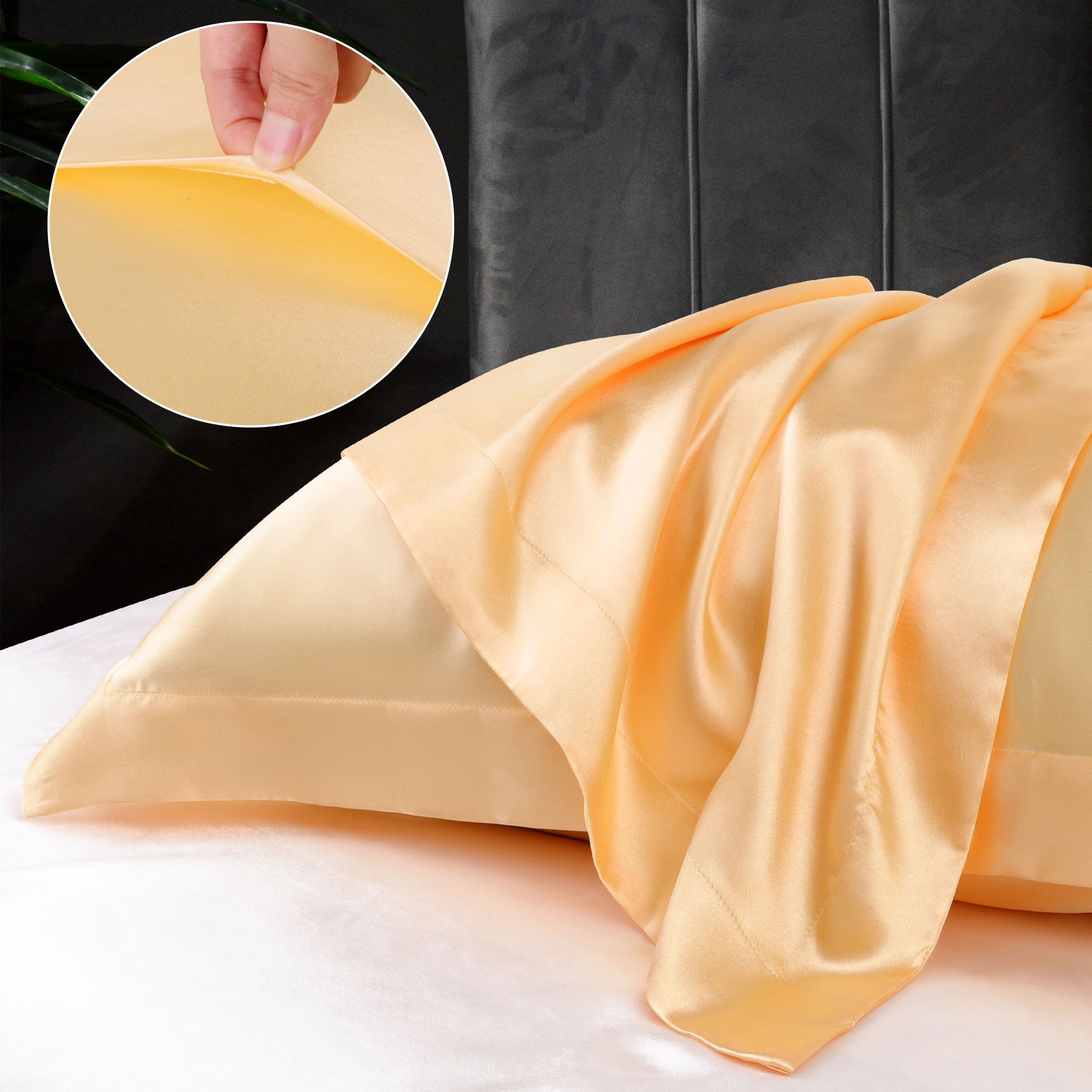 Unique Bargains Retro Satin Ruffle Pillowcases 2Pack with Envelope Gold Queen