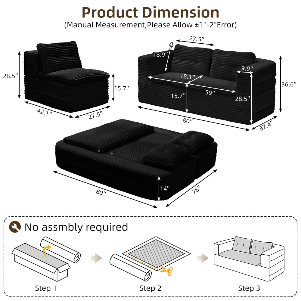Anpport 80" King Size Convertible Sectional Sofa Bed, Plush Corduroy Deep Seat Couch with Chaise Lounge and Blanket, for Living Room Apartment, Black