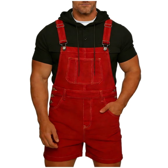 JUUYY Denim Overalls for Men Washed Jean Shorts Jumpsuit Work Bibs Coveralls Jean Romper Casual Loose Fit Summer Jumpsuit Coveralls Red XXL