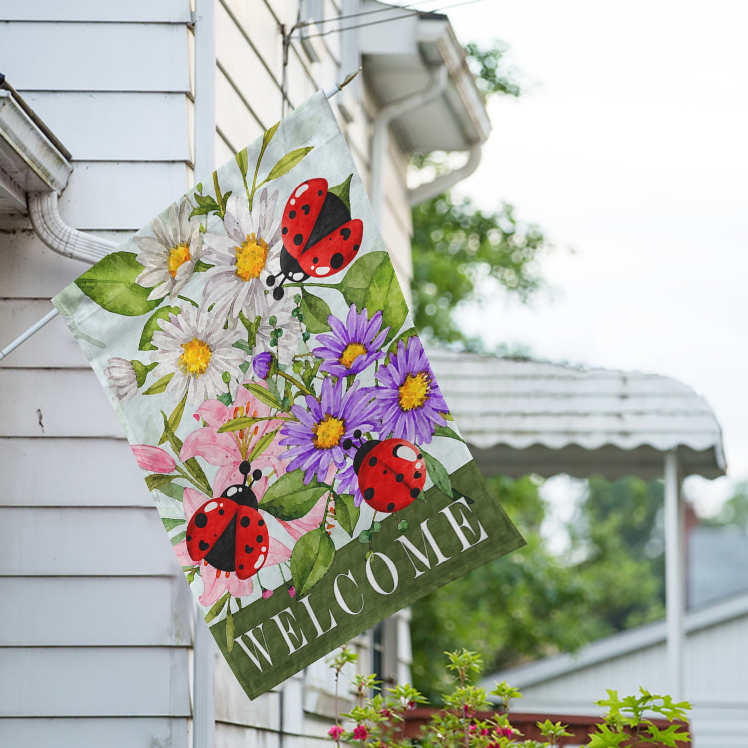America Forever Blooms Beetles House Flag, 28 x 40 inch Double Sided, Welcome Ladybug Flower Garden, Spring Summer Outdoor Decorative Flag