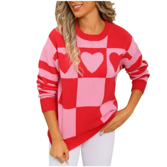 Women Valentines Day Sweater Long Sleeve Cute Heart Sweaters Crew Neck Casual Ribbed Knit Pullover Top Red, M