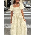 thumbnail image 4 of Apricot Gingham Square Neck Puff Sleeve Tiered Midi Dress For Women, 4 of 6
