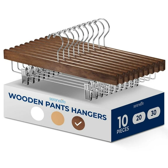 10 Pcs. Premium Wooden Pants Hangers - Heavy Duty Hanger Set with Chrome 360° Swivel Hook and Adjustable Steel Clips, Ideal for Jeans, Slacks, Skirts, and Shorts (Retro)