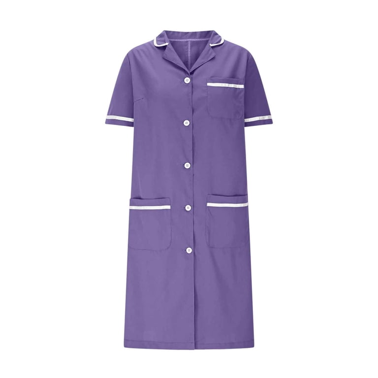 purple nurse dress Xfvqtps Womens Nurse Dress with Pockets Button Short Sleeve Splicing Lapel Caregiver Work Dress Purple, Women's, Size: 2XL