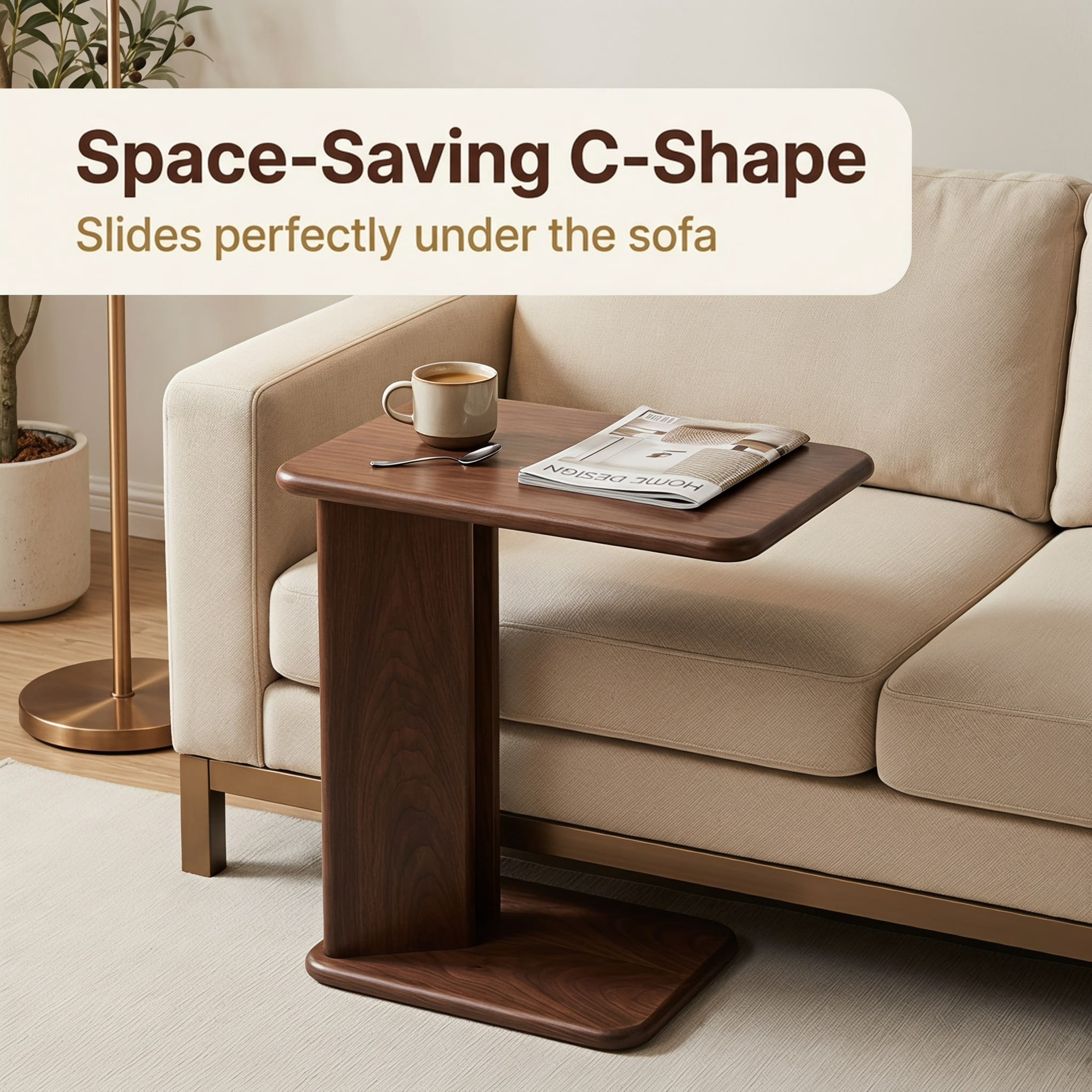 GDF Studio 23.6" Modern C-Shaped Side Table with 2-Tier Storage Shelves, Walnut