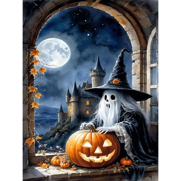 Halloween Pumpkin Diamond Art Kits for Adults, Ghost Diamond Painting Kits for Adults Beginner, 5D DIY Full Round Drill Diamond Dots Paintings for Home Decor 12X16inch