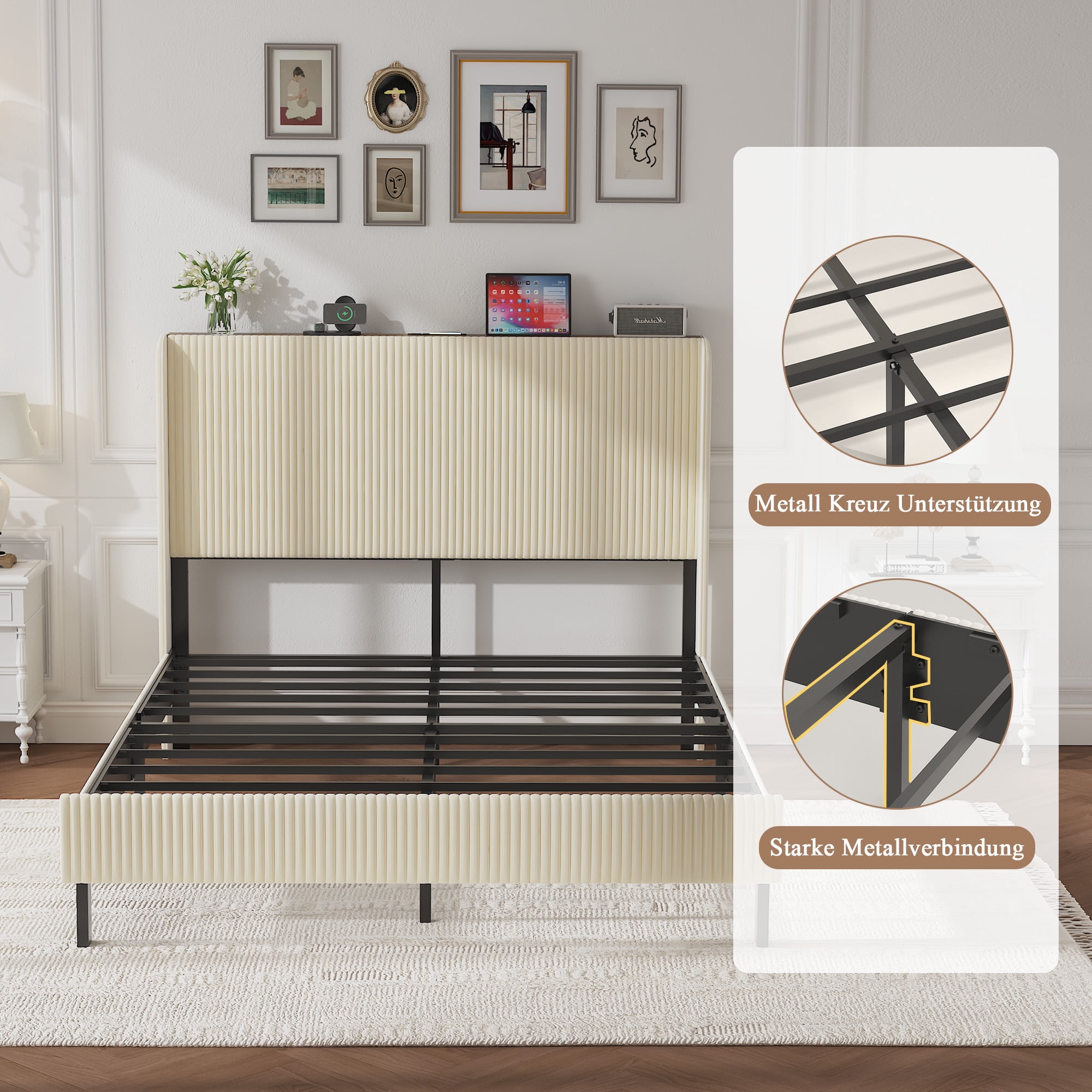 BSHTI Full Size Velvet Upholstered Platform Bed Frame with USB Ports, Beige Metal & Wood Bed Frame with Storage Shelf Headboard, Modern Accent Bedroom Furniture for Bedroom, No Box Spring Needed