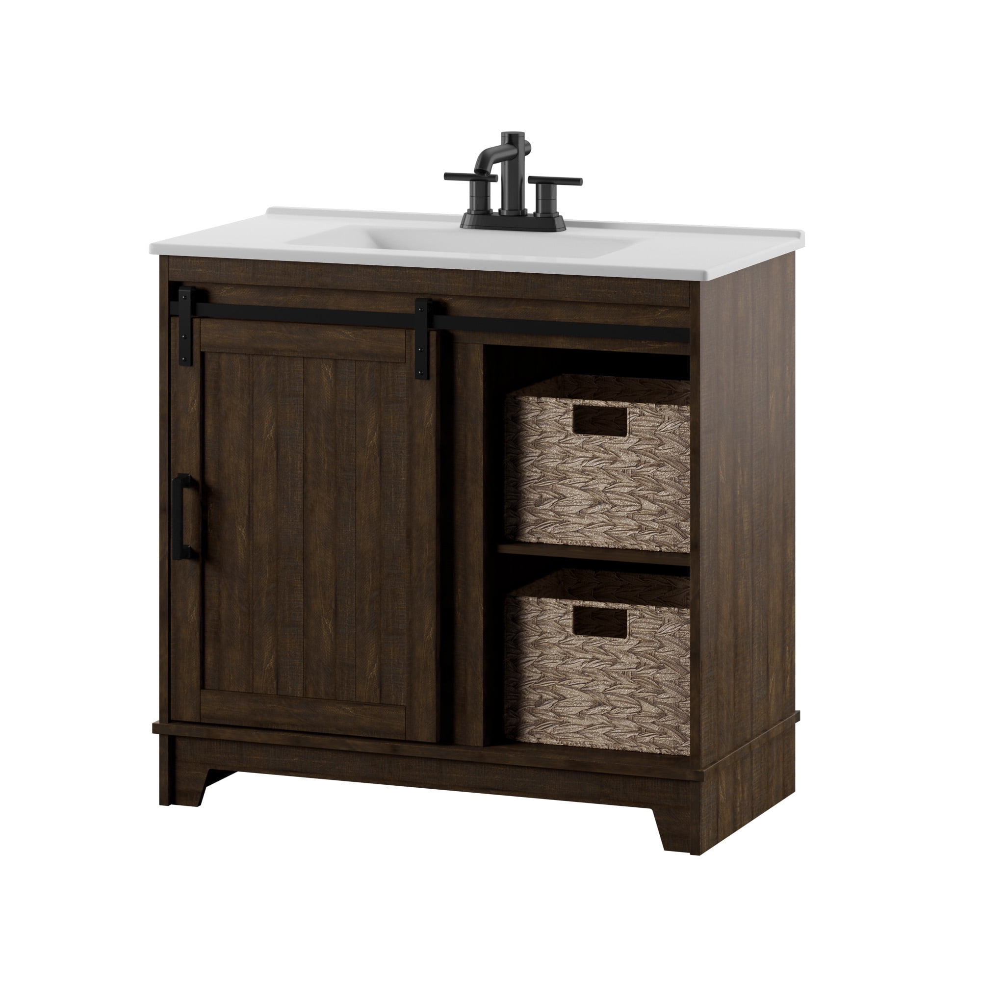 Twin Star Home 36" Sliding Barn Door Single Bathroom Vanity with Woven Baskets