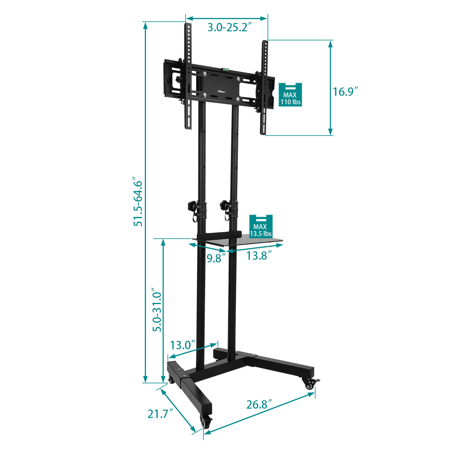 Allieroo TV Mobile Stand Height Adjustable for Most 32-65 Inch TVs Flat Panel Screens with Wheels - image 5 of 6