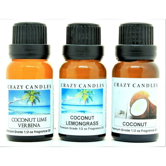 Crazy Candles 3 Bottles Set, 1 Coconut Lime Verbena, 1 Coconut, 1 Coconut Lemongrass 1/2 Fl Oz Each (15ml) Premium Grade Scented Fragrance Oils