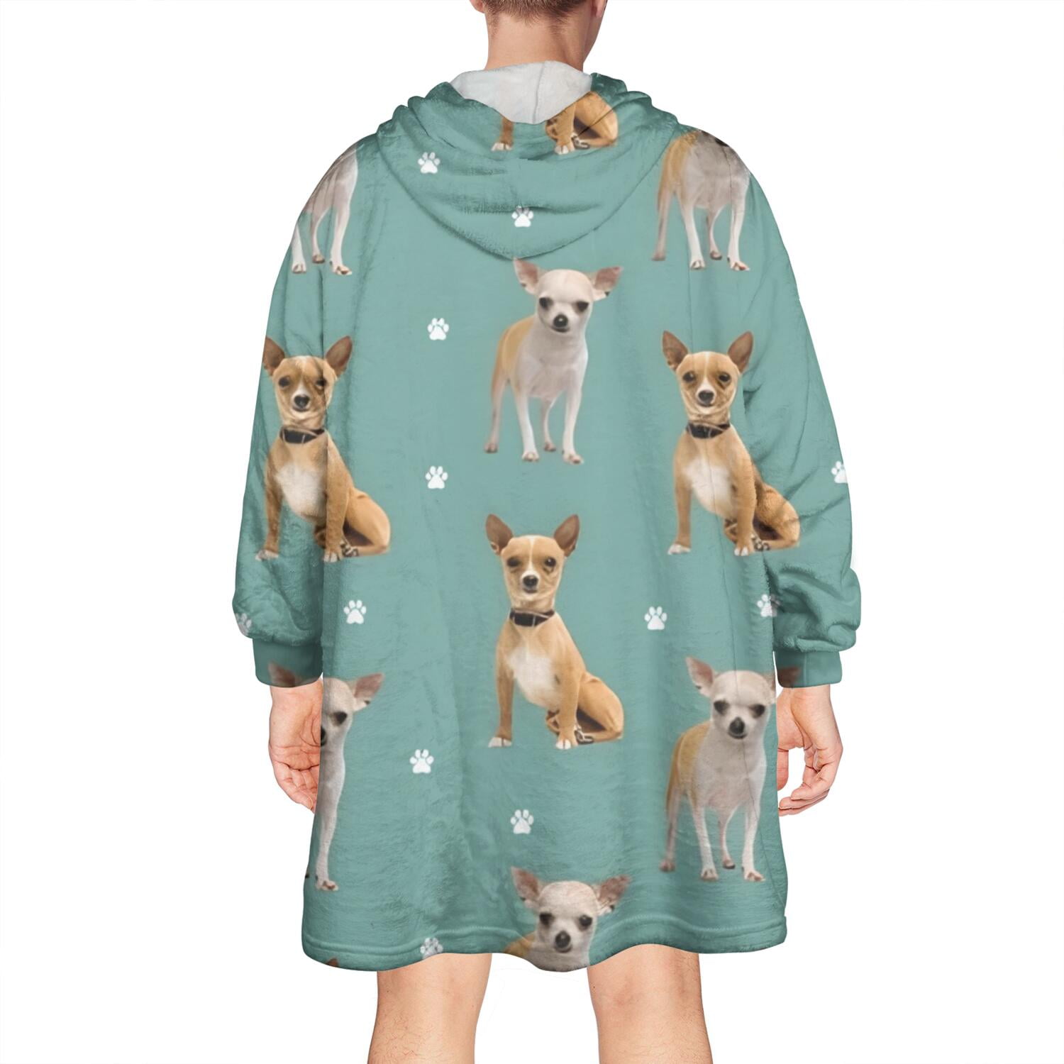 Chihuahua and Footprints Wearable Oversized Blanket,Wearable Blanket Hoodie for Adults,Cozy Hooded Blankets with Super Pockets,Super Warm Fuzzy Pullover for Women & Men
