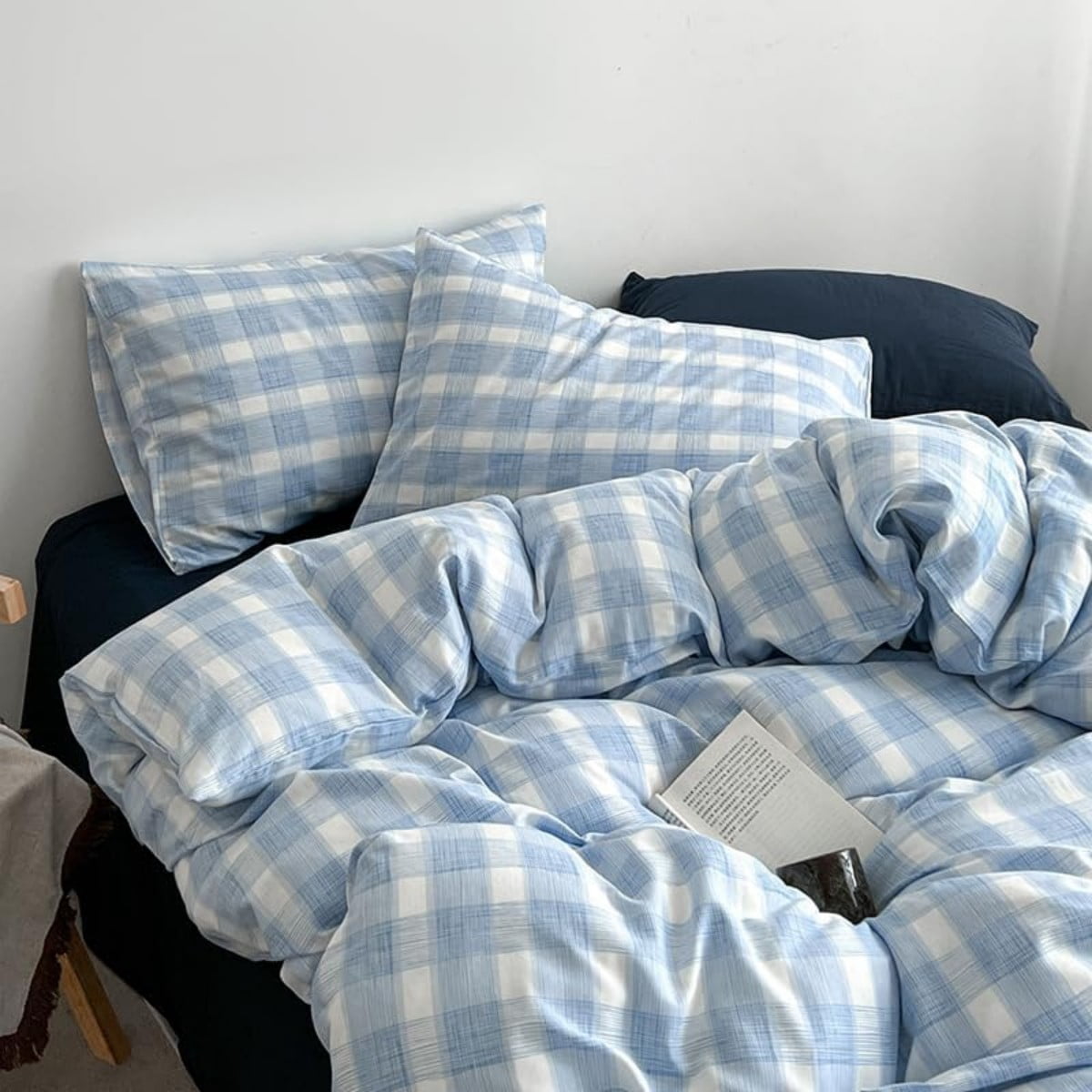 NAYOROOM Blue White Checked Geometric Duvet Cover King Set, 3-Piece Fresh Checkered Pattern Breathable Comforter Cover