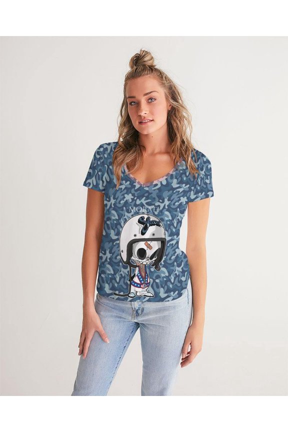 Camo Blue X Skull Women's V-Neck Tee
