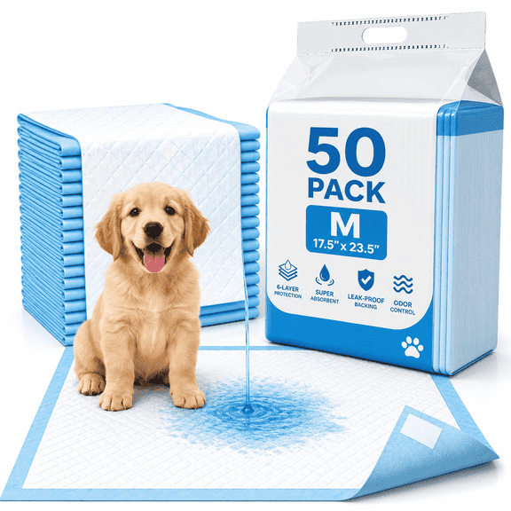QOPR Dog Training Pads, 50 Count, 17.5 x 23.5 Inch, Leak-Proof Super Absorbent Pee Pads with Adhesive Strips