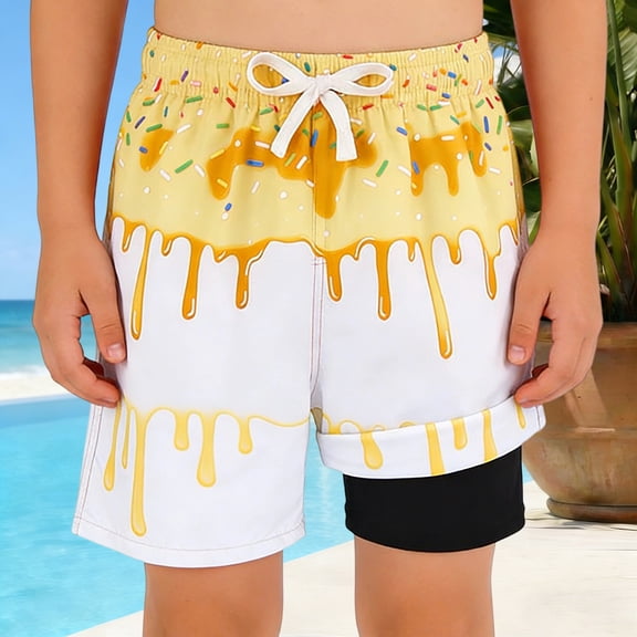 FASHOFT Boys Swim Trunks with Compression Liner Ice Cream Printing Big Kids Bathing Suit Quick Dry Board Shorts Yellow 2-3 Years