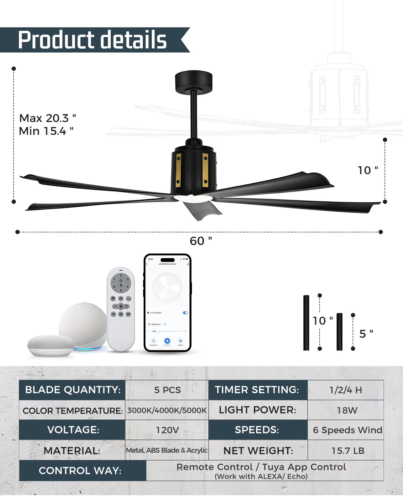 Ltmate 60 Inch Ceiling Fans with Lights and Remote, Black Ceiling Fans with Alexa Google Voice Control, 3 Color Temperatures and Quiet Reversible DC Motor