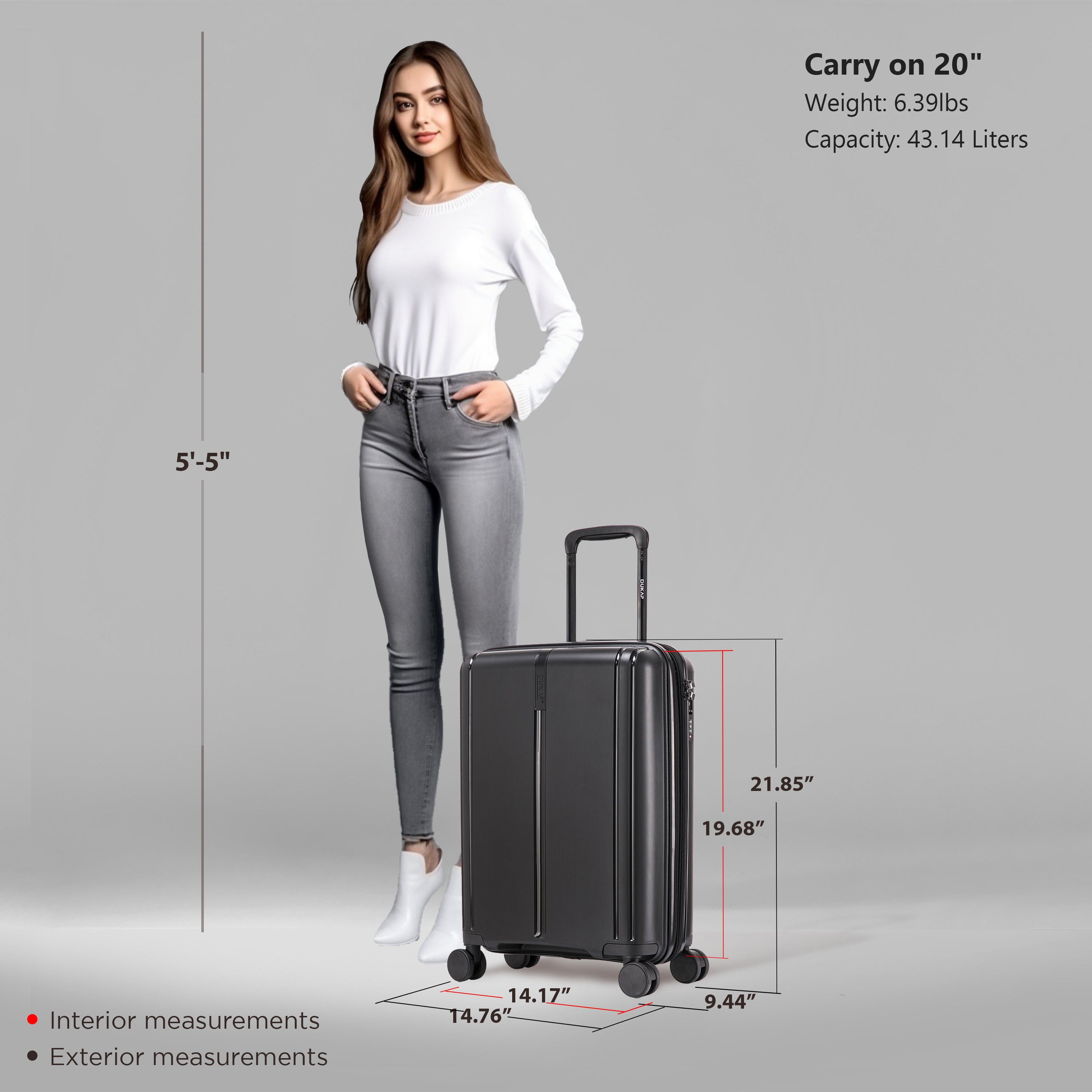 DUKAP AIRLEY 20" Lightweight Hardside Carry-On Luggage with Spinner Wheels, Handle and Trolley, Black