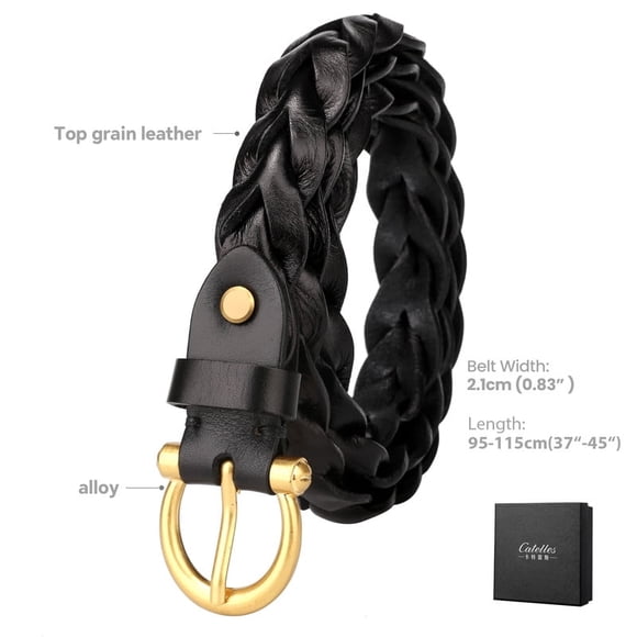 Catelles Women's Top Grain Leather Woven Elastic Black Belt, Alloy Buckle, Suitable for Casual and Business Wear, Wear-resistant and Breathable,Gift Box&For waist 46 inches Width0.83 inches