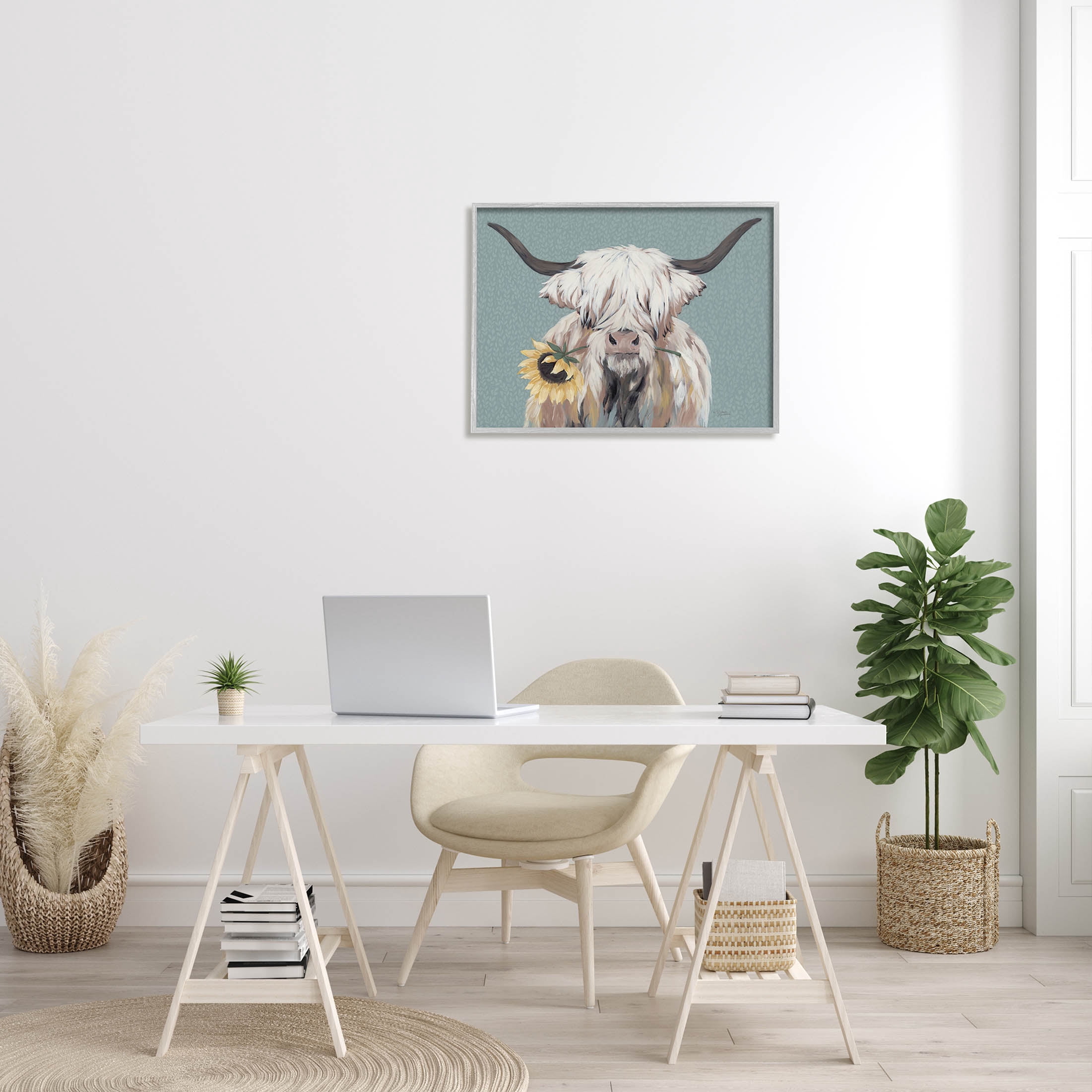 Stupell Industries Highland Cattle Biting Sunflower Bloom Painting Gray Framed Art Print Wall Art, Design by Michele Norman
