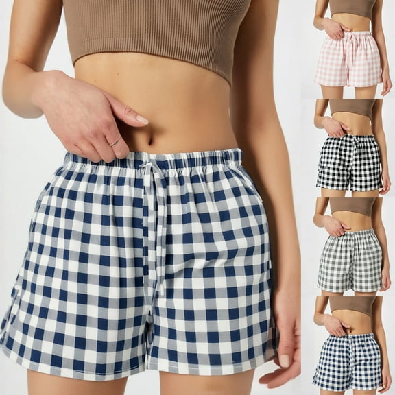Women's Drawstring Boxer Shorts Linen Summer Casual Pajama Y2K Sleep Plaid Bottoms with Pockets