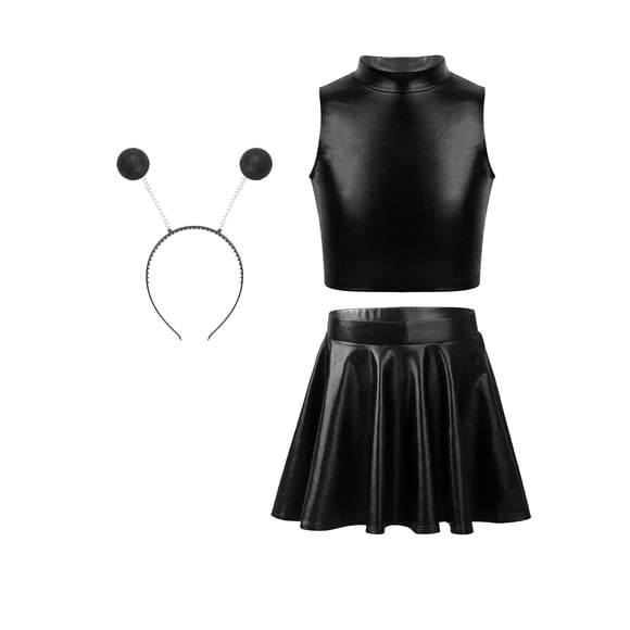 CHICTRY Glitter Alien Skirt Set for Girls with Metallic Crop Tank Top and Headband Kids Rave Outfits Black 14