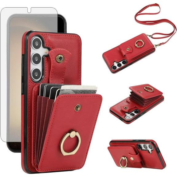 REQO Phone Case for Samsung Galaxy S24 Plus S24  5G Wallet Cell Cover with Screen Protector and Crossbody Strap Ring Stand RFID Credit Card Holder Kickstand S24plus 24S   S 24 24  Women Girls Red