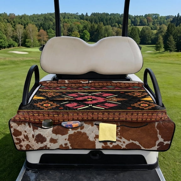 COEQINE Quilted Golf Cart Seat Cover, Folds Like a Bag with Handle for Easy Carry, Universal Fit 51.2"x30.3" for EZGO Yamaha Club Car 2-Seaters, 4 Pockets, American Tribal Brown Cow Print