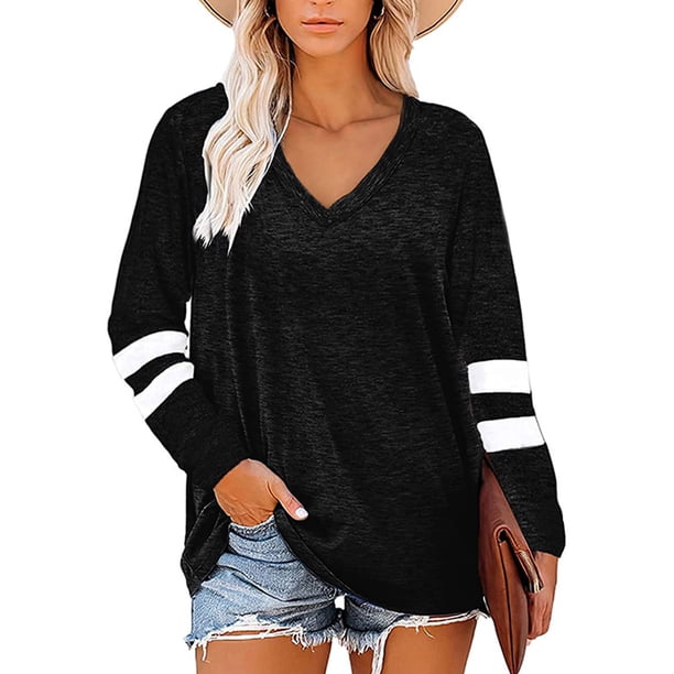 Sonducket Camiseta de mujer a rayas de manga larga básica con cuello en V blusa suelta informal Prendas para la parte del cuerpo Negro L