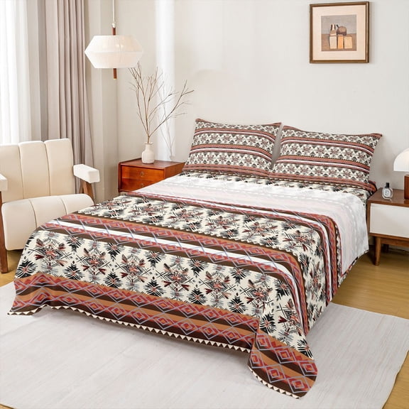 Feelyou Vintage Aztec Triangle Full Size Sheets for Women, Brown Abstract Ombre Bed Sheets, Western Bohemian Style Sheet Sets, Breathable Home Decor, 4pcs