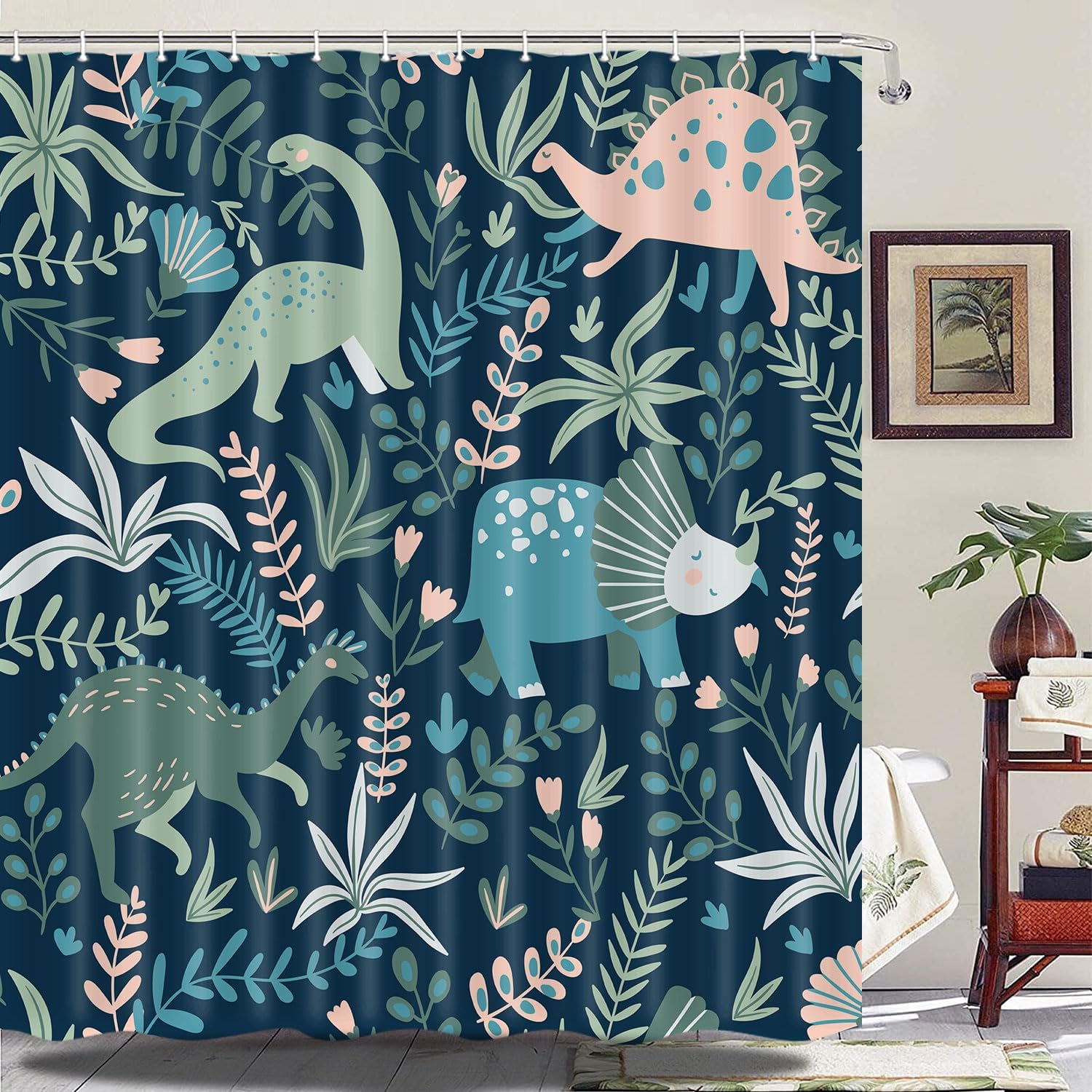 Kids Shower Curtains,Funny Dinosaur Shower Curtains, Cute Dinosaur for Boys Girls, Green Plant Leaf Flowers Colorful Bathroom Decor with Hooks Waterproof Fabric Polyester Bathtub Decorative