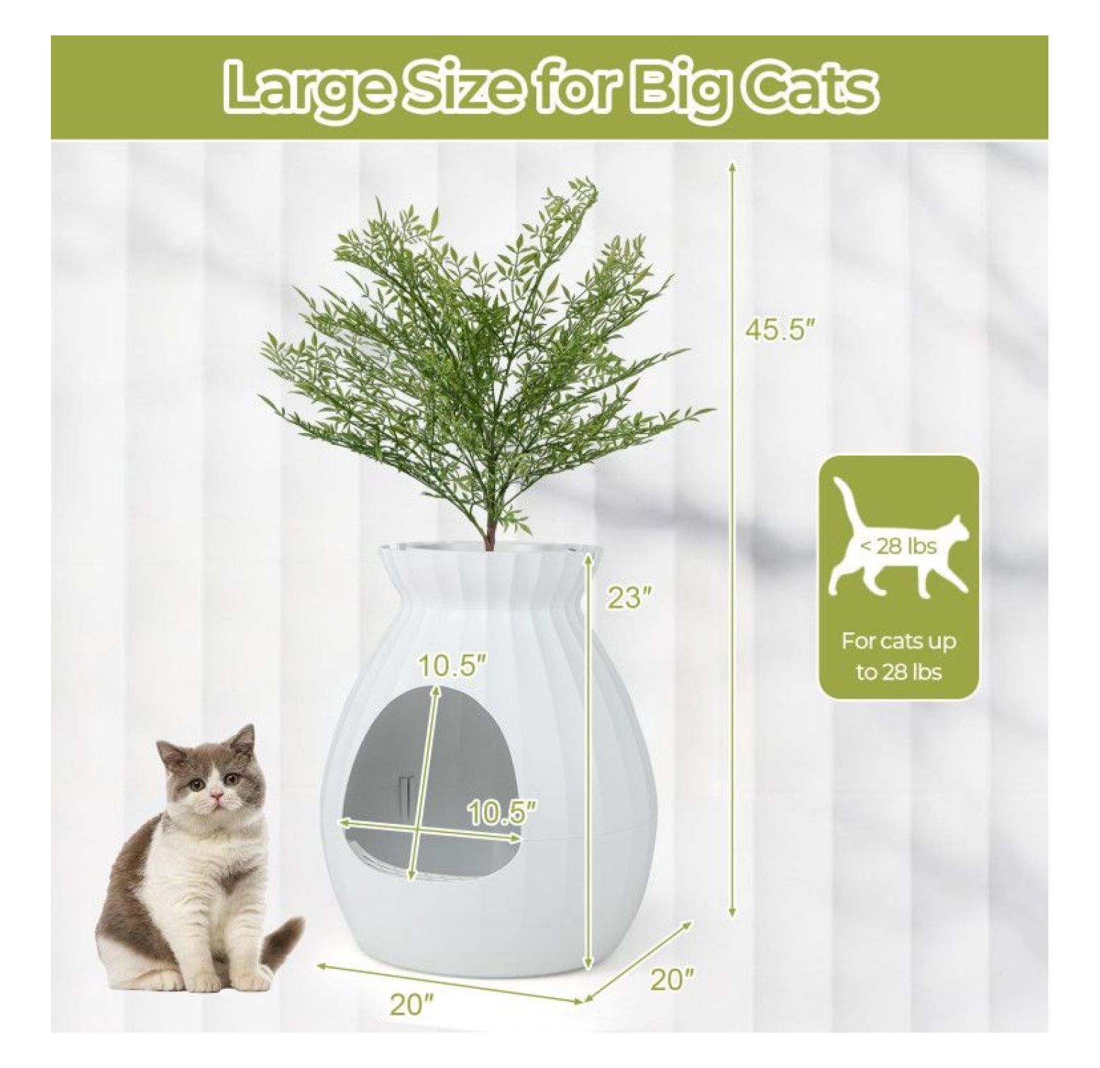 Cat Litter Box with Electronic Odor Removal, Plant Design Enclosed Litter Box with Door, ABS Durable Construction, Easy Clean, White+Green, 63L Capacity