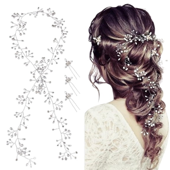 4-Pin Set Vintage Crystal Beaded Bridal Hair Vine, 40-Inch Extra Long Pearl Headpiece for Wedding, Prom, Pageant and Cosplay (Silver)