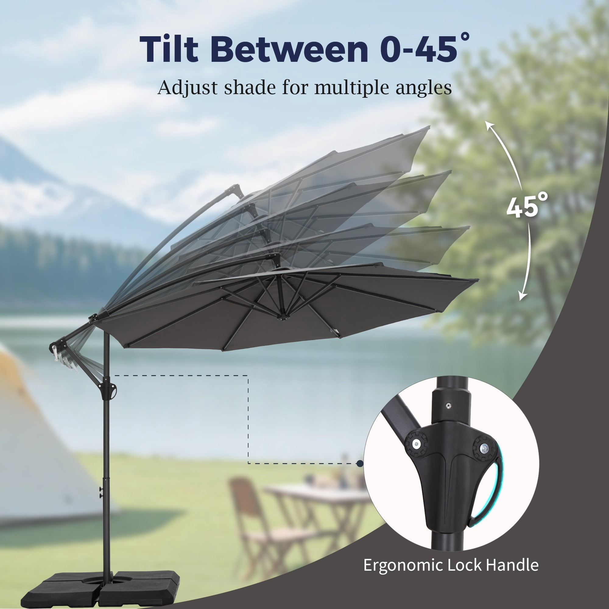 Alpha Joy 10ft Outdoor Patio Offset Market Hanging Umbrella with 8 Steel Ribs & Cross Base(No Weight), Charcoal Gray