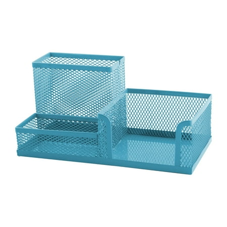 Mesh Metal Holder School Metal Mesh 3 Compartment Desktop Organizer Pen Pencil Holder Storage Blue/Fuchsia ()