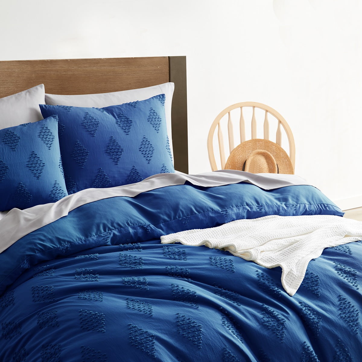 Nestl Boho 3 Piece Duvet Cover Set, Tufted Embroidery Double Brushed Duvet Cover with Button Closure with 2 Pillow Shams, Queen (90"x90") - Navy