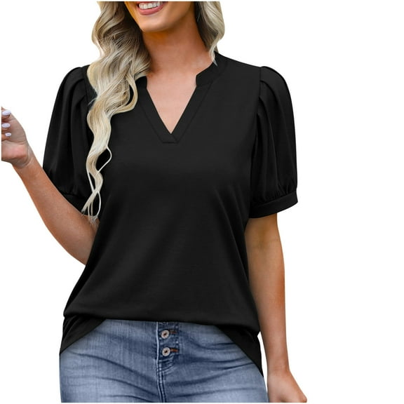 Summer Fashion Plus Size Tshirts for Women Casual Oversize Solid V-neck Puff Sleeve Sleeved Blouse